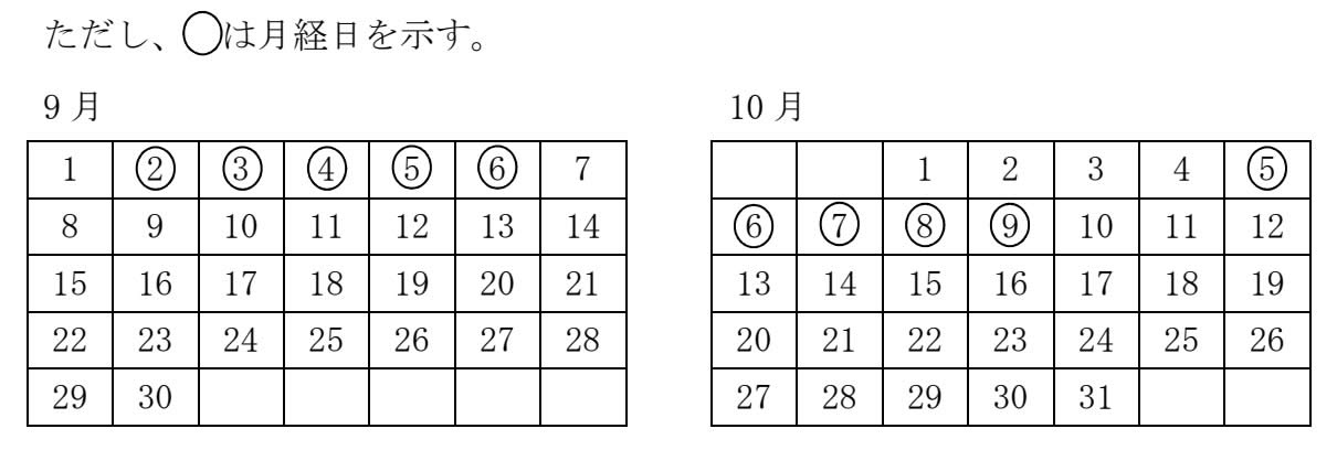次の文を読み、問いに答えよ。 Aさん（17歳、女子、高校生）は、3か月前から月経初日に腹痛や腰痛が生じて、学校を休むようになったため婦人科を受診した。Aさんの月経周期は26～34日、持続日数は4～6日である。Aさんはコーヒーを毎朝1杯飲んでおり、運動習慣はない。Aさんは身長162cm、体重55kgであり、既往歴に特記すべきことはない。 看護師はAさんの最近の月経状況について情報収集をした。月経時は普通サイズのパッドで対処しており、凝血塊が混じることはない。9月と10月のカレンダーを示す。 今回のAさんの月経周期を求めよ。 解答：① ② 日