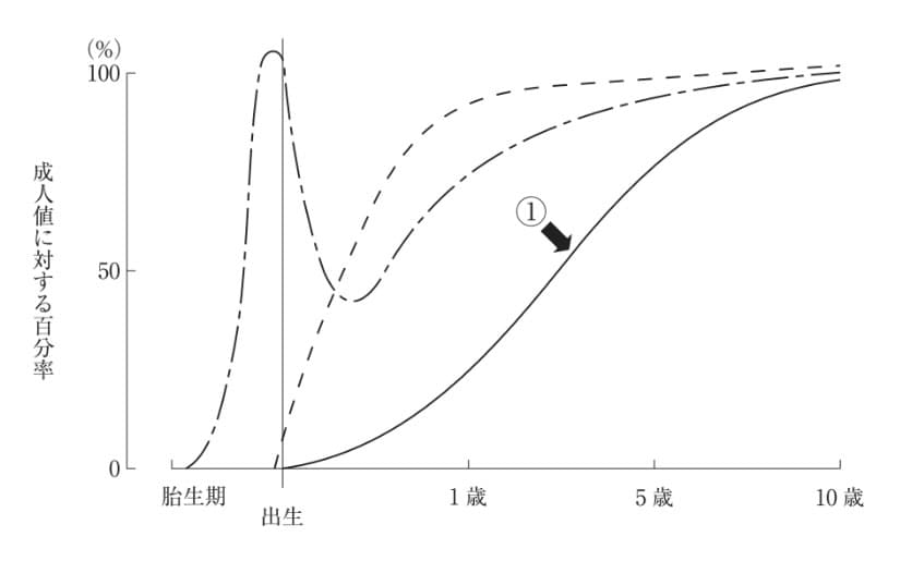 胎生期から小児期の血清免疫グロブリン濃度の年齢による変動を図に示す。 ①が示しているのはどれか。